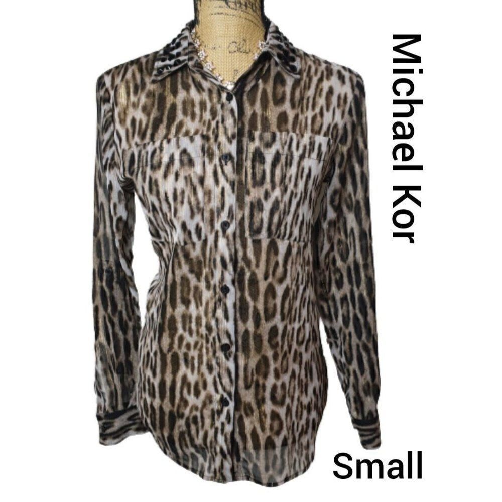 Michael Michael Kor Leopard Print Blouse Semi Sheer Roll Tab Button Up Small
